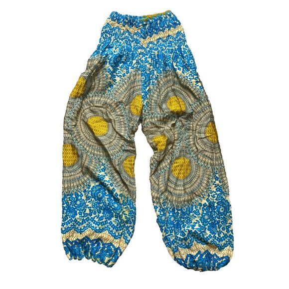 OmZappy Pants Womens 27x25.5 Blue Yellow Harem Hippie Boho Smocked Yoga Palazzo‎ - Picture 1 of 10